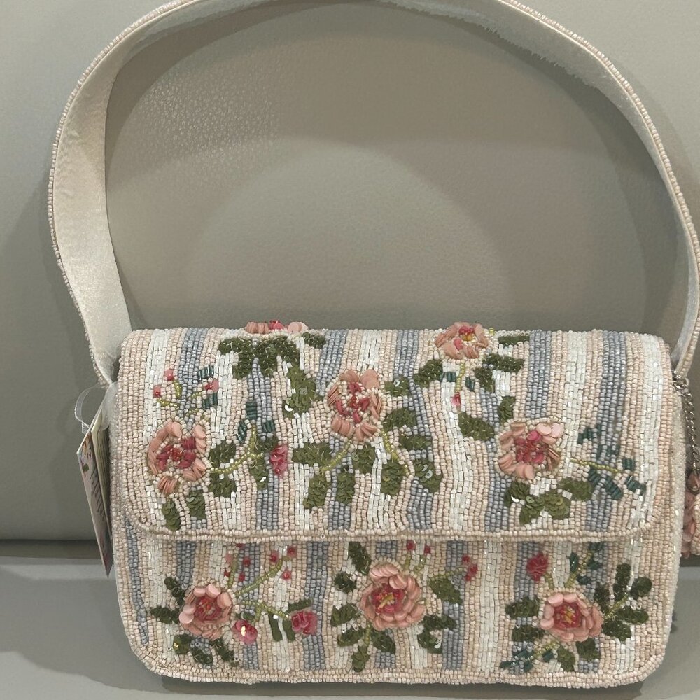 India Beaded Bag Pink Rose Flowers with Blue Pink White Stripes and Bag Charm - Picture 6 of 6